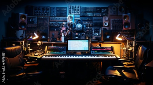 A carefully arranged assortment of electronic music production tools, each panel lit up against a backdrop of a dimly lit studio