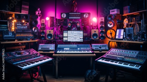 A carefully arranged assortment of electronic music production tools, each panel lit up against a backdrop of a dimly lit studio photo