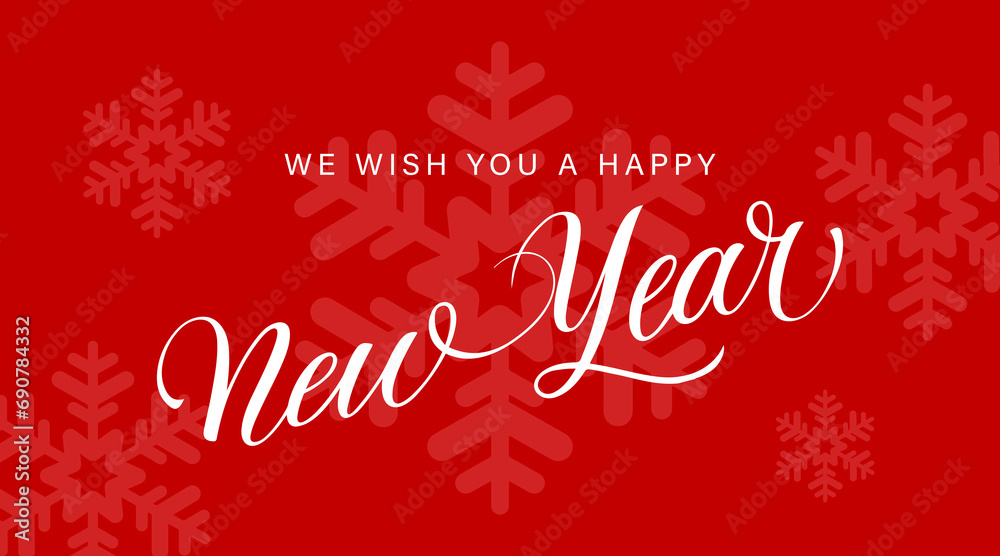 Happy New Year. Calligraphic text on a red background.
