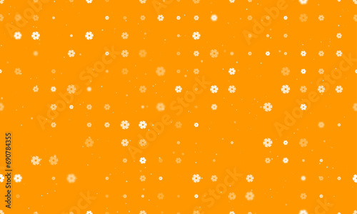 Seamless background pattern of evenly spaced white milling disc symbols of different sizes and opacity. Vector illustration on orange background with stars