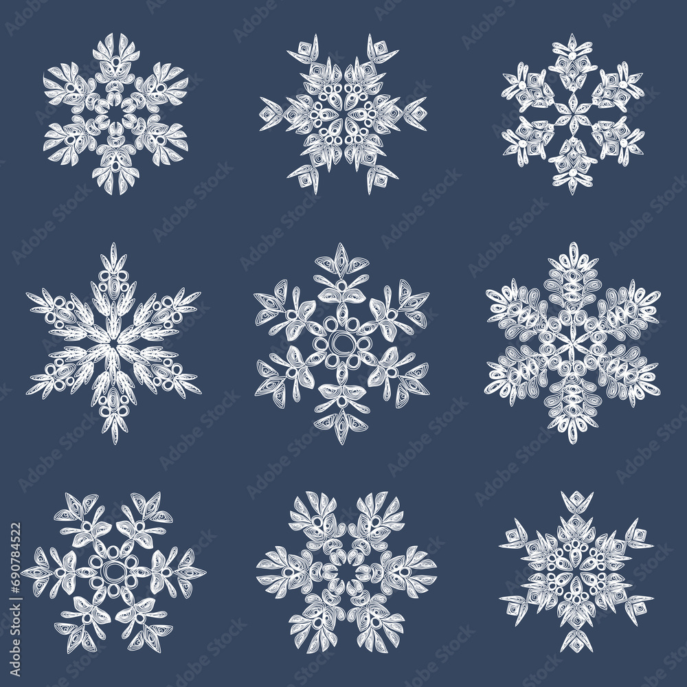 A set of stylish white quilling snowflakes on a dark blue background. Paper openwork weaving technique. Elements of quilling. New Year's symbols in the pattern. A set of stylish white quilling snowflakes on a dark blue background. Paper openwork weaving technique. Elements of quilling. New Year's symbols in the pattern.
