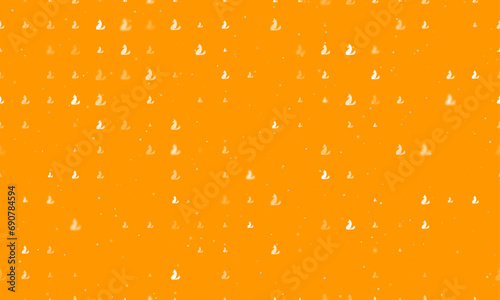 Seamless background pattern of evenly spaced white fox symbols of different sizes and opacity. Vector illustration on orange background with stars