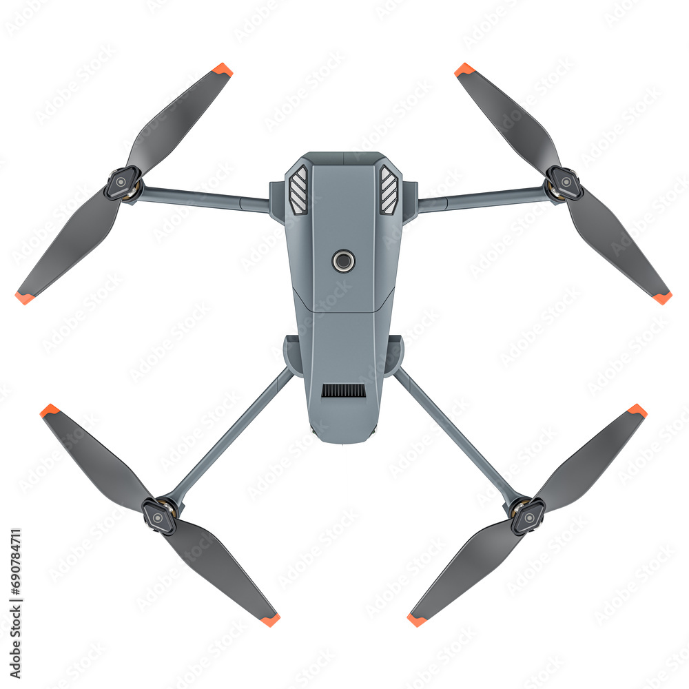 Modern Drone, top view. 3D rendering isolated on transparent background Modern Drone, top view. 3D rendering isolated on transparent background