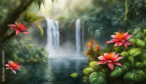 digital watercolor illustration of a foggy morning with a waterfall  flowers  intertwined jungle vines 