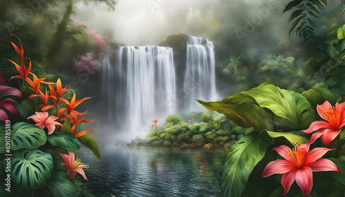 digital watercolor illustration of a foggy morning with a waterfall, flowers, intertwined jungle vines,