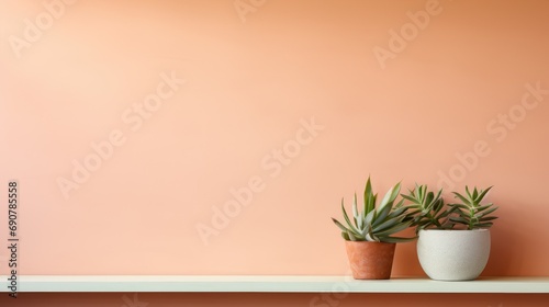 Ceramic pots with succulents on shelf against color wall copy space. Peach Fuzz color