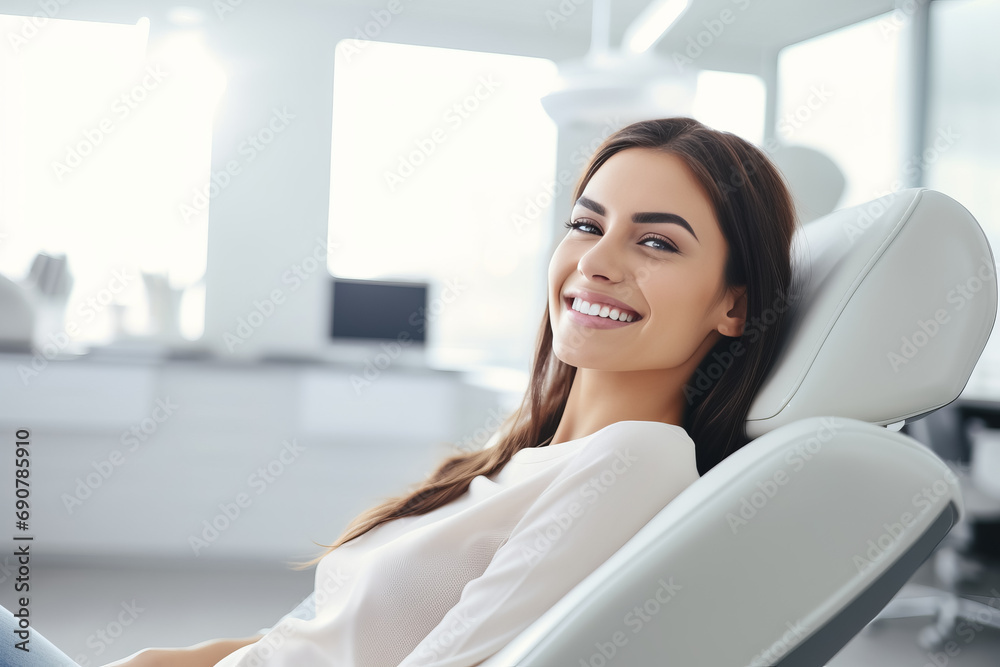 Young smiling woman sitting on chair at dentist office. Dental care, healthy teeth Young smiling woman sitting on chair at dentist office. Dental care, healthy teeth