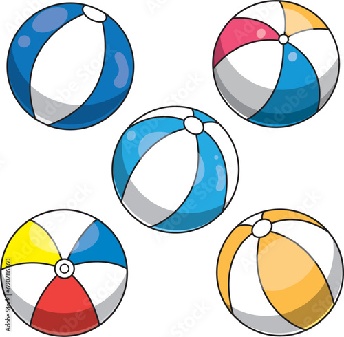 Conjunto de pelotas de playa inflables estilo cartoon a full color, ilustraciones vectoriales de diferentes modelos. photo