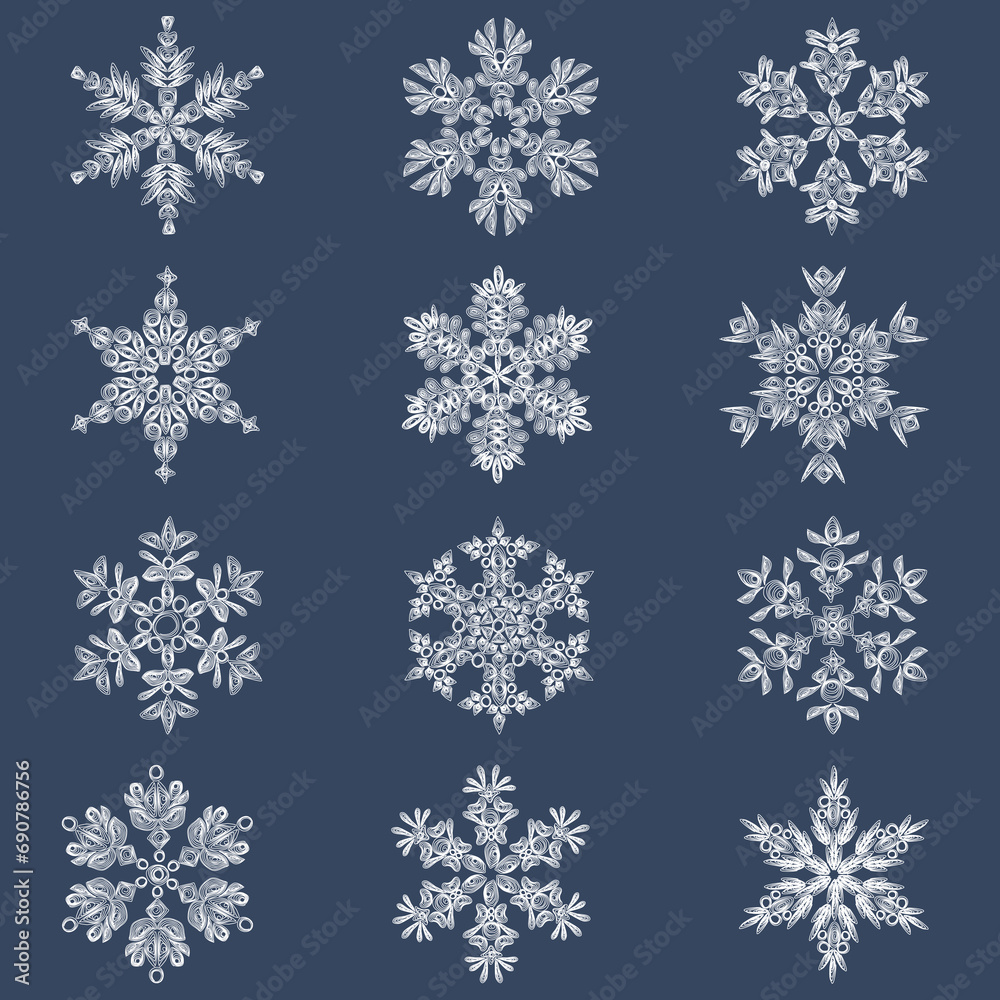 A set of stylish white quilling snowflakes on a dark blue background. Paper openwork weaving technique. Elements of quilling. New Year's symbols in the pattern. A set of stylish white quilling snowflakes on a dark blue background. Paper openwork weaving technique. Elements of quilling. New Year's symbols in the pattern.