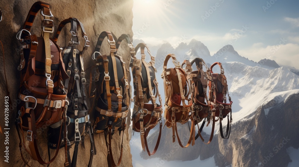 A collection of heavy-duty climbing harnesses and ropes set against a dramatic backdrop of sheer cliff faces and alpine peaks - obrazy, fototapety, plakaty 