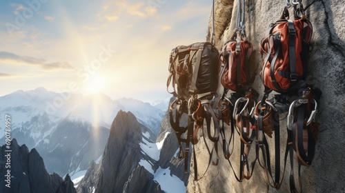 A collection of heavy-duty climbing harnesses and ropes set against a dramatic backdrop of sheer cliff faces and alpine peaks photo