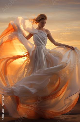 Beautiful woman dancing in golden hour in dress. 