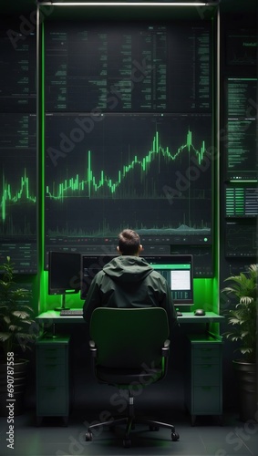 Finance trade manager analysing stock market indicators for best investment strategy, financial data and charts with business buildings in background, futuristic style