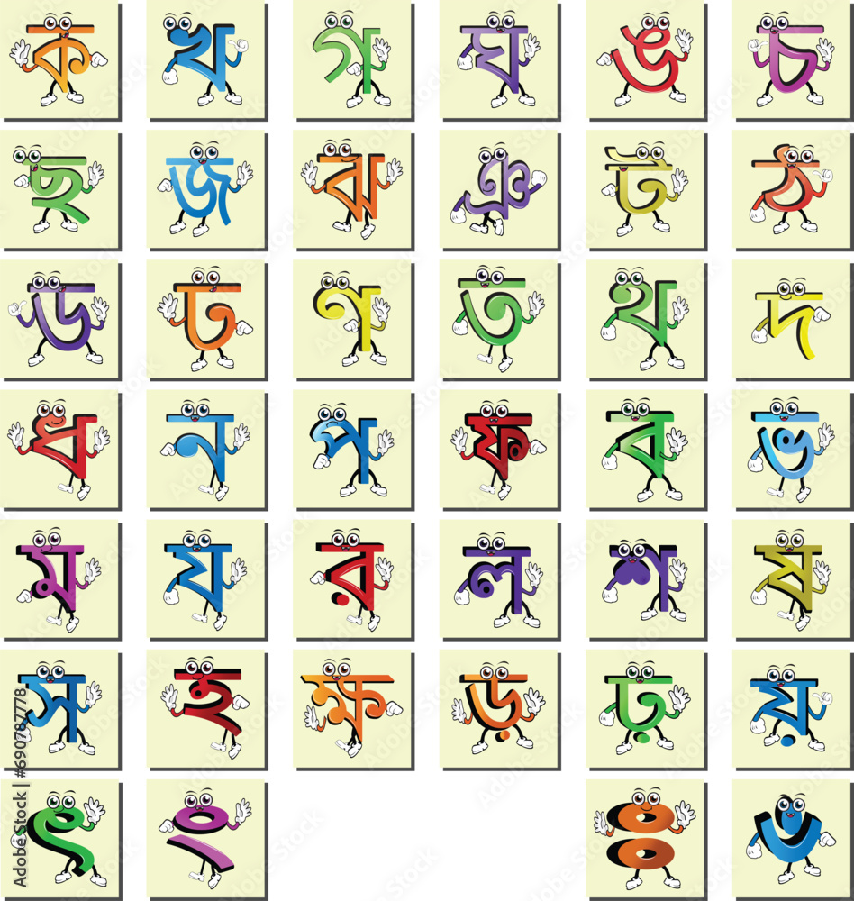 Bangla consonant funny fonts isolated on white background cartoonistic