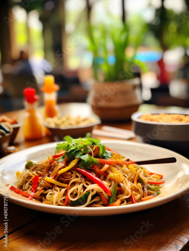 Stir-fried vegetables with noodles and sauce on a plate, blurry background