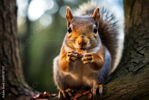 A close up of a squirrel on a tree branch. Generative AI.