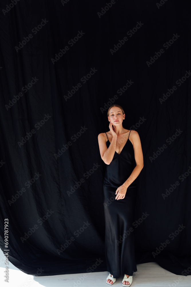 beautiful fashionable woman in black silk dress beautiful fashionable woman in black silk dress