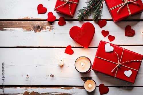 Cozy setup with a lit candle, red heart decorations, and wrapped gifts