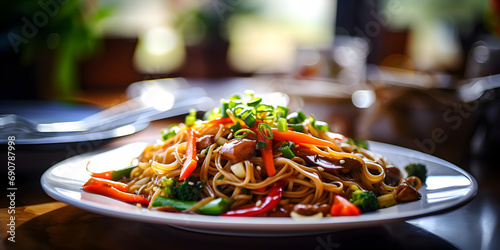 Close up of stir-fried vegetables with noodles and sauce on a plate, blurry background
