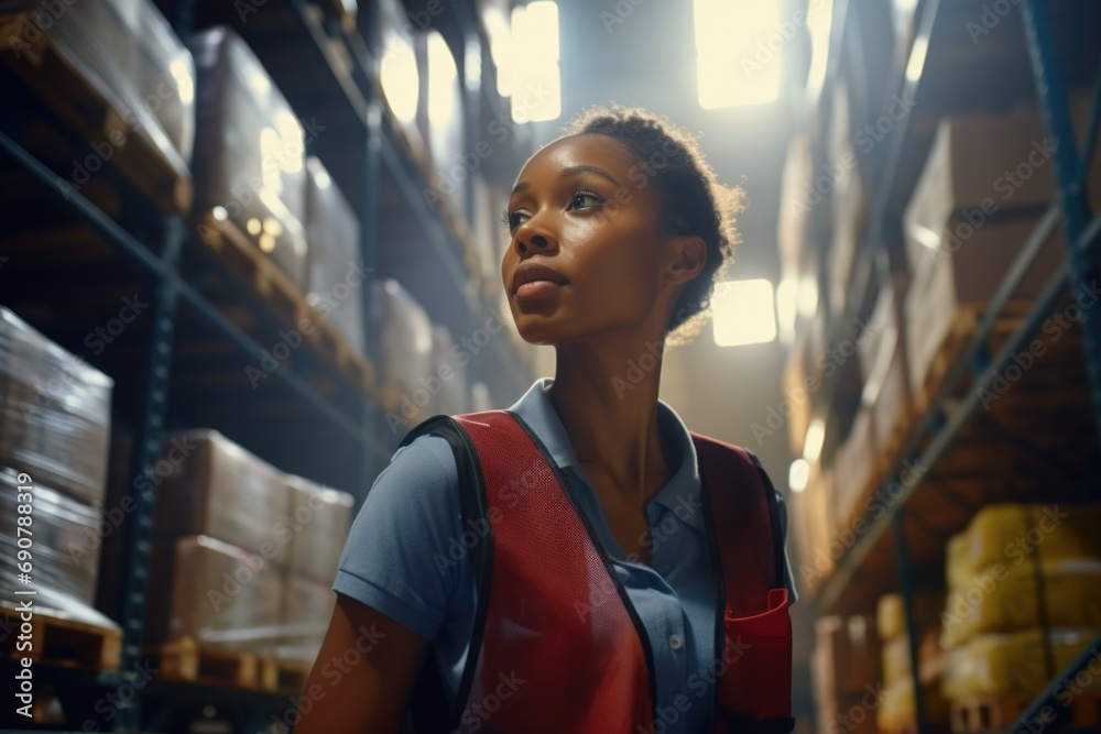 A hardworking woman in a warehouse surrounded by shelves of boxes. Generative AI. A hardworking woman in a warehouse surrounded by shelves of boxes. Generative AI.