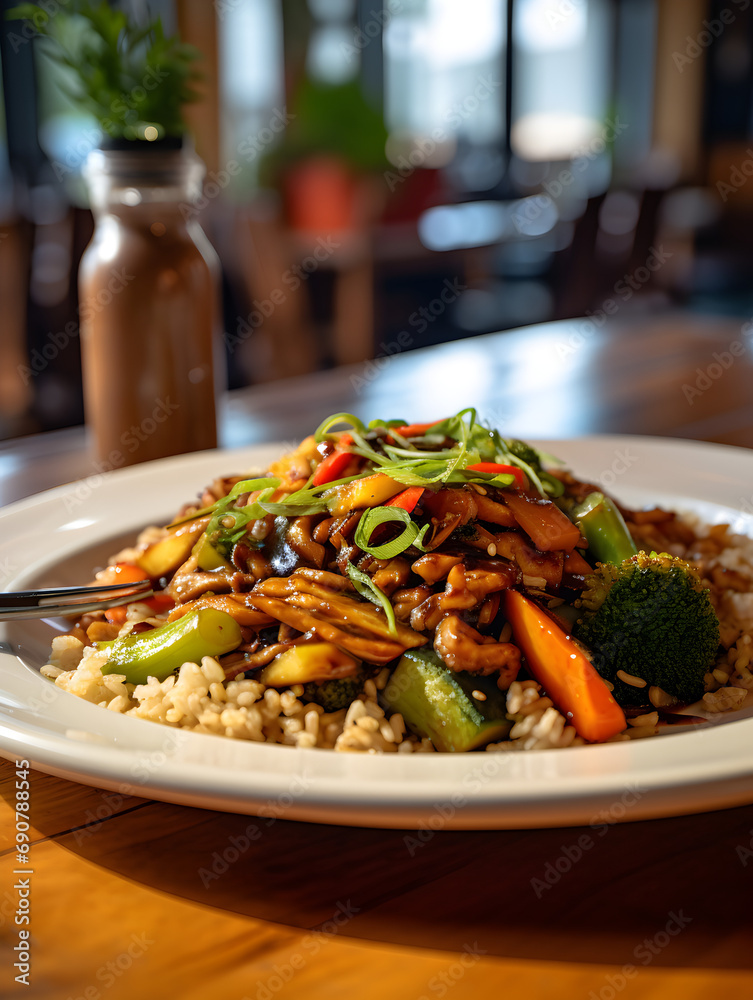 Stir-fried vegetables with rice and sauce on white plate, blurry background Stir-fried vegetables with rice and sauce on white plate, blurry background