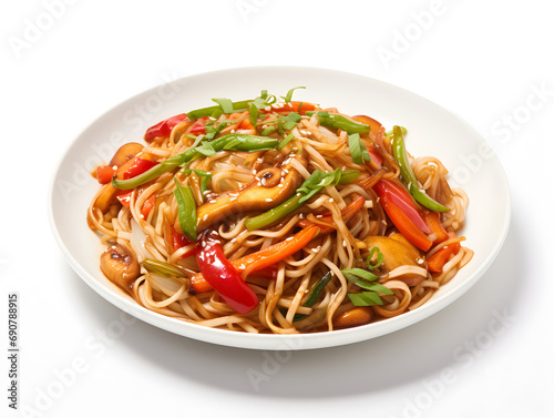 Stir-fried vegetables with rice and sauce on white plate, white background