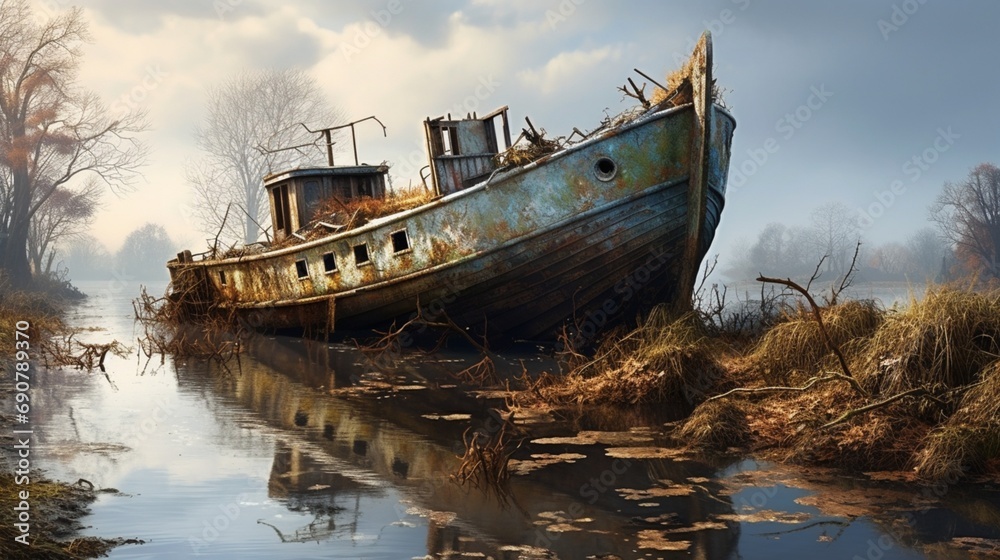 A forgotten wreck, its weathered exterior blending with the tranquility of a riverbank