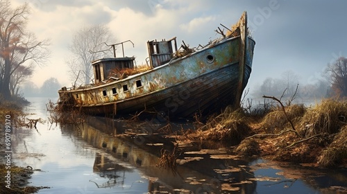 A forgotten wreck  its weathered exterior blending with the tranquility of a riverbank