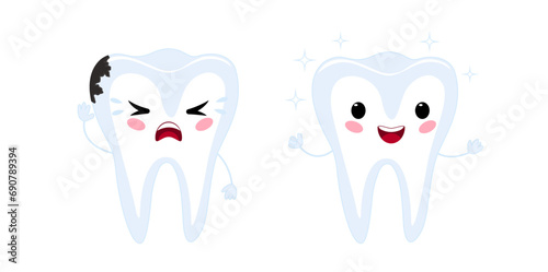 A happy healthy cute tooth and a crying tooth with decay. Cartoon vector baby vector illustration.