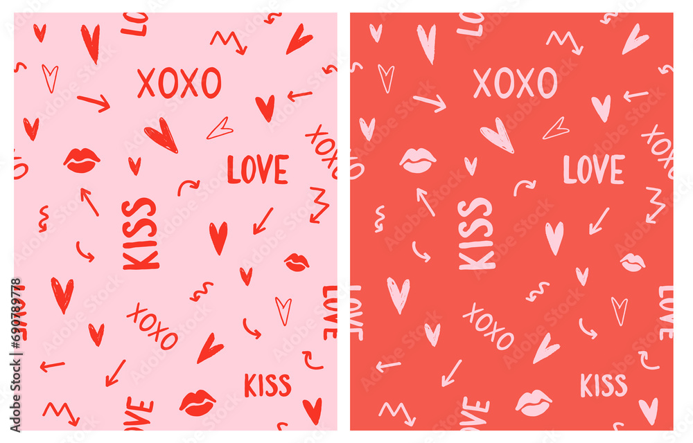 Abstract Doodle Seamless Vector Patterns with Hearts, Love, Kiss, Arrows and Lips on a Pink and Red Background. Girly Style Hand Drawn Endless Print. Girlhood Repeatable Design.Funny Romantic Pattern. Abstract Doodle Seamless Vector Patterns with Hearts, Love, Kiss, Arrows and Lips on a Pink and Red Background. Girly Style Hand Drawn Endless Print. Girlhood Repeatable Design.Funny Romantic Pattern.