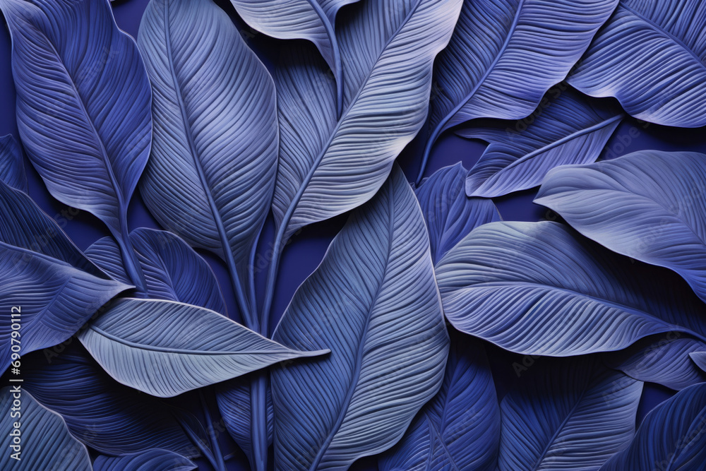 blue paper leaves with blue background, in the style of photorealistic compositions, junglepunk, - obrazy, fototapety, plakaty 