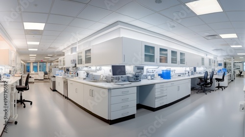 A panoramic view of a state-of-the-art research lab, where innovation meets precision in an atmosphere of controlled experimentation