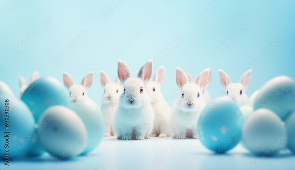illustration of a group of white easter bunnies and blue easter eggs on light blue background illustration of a group of white easter bunnies and blue easter eggs on light blue background