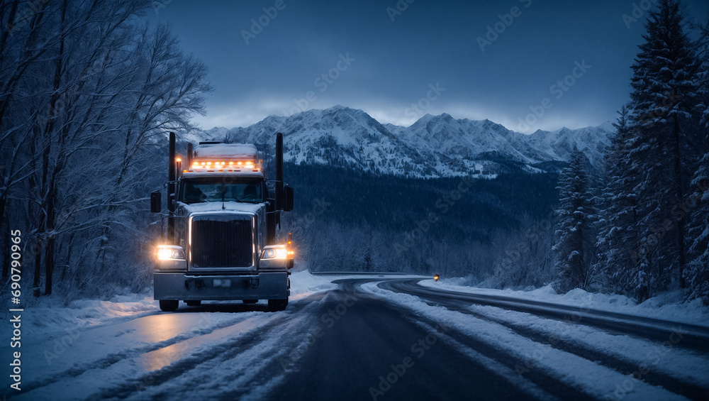 Obraz premium Truck driving on winter night road logistic