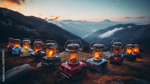 A row of compact, lightweight camping stoves set up on a flat surface, promising warmth amidst chilly mountain nights photo