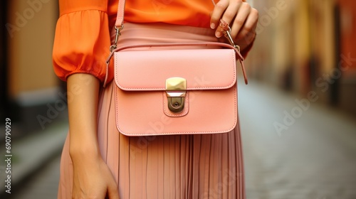 Close up of a woman's hand holding a pink leather handbag. Peach Fuzz color photo