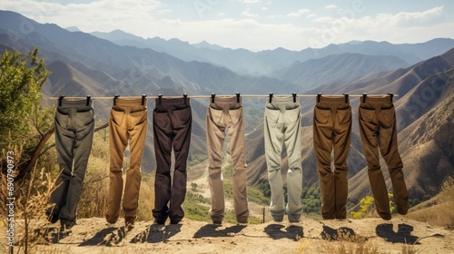 A row of durable, abrasion-resistant hiking pants and shorts neatly arranged against a backdrop of winding mountain trails
