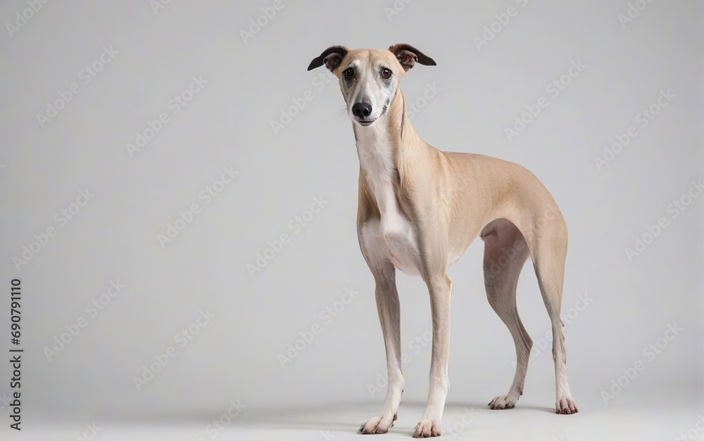 Perro de raza Galgo, de pie, sobre fondo blanco 