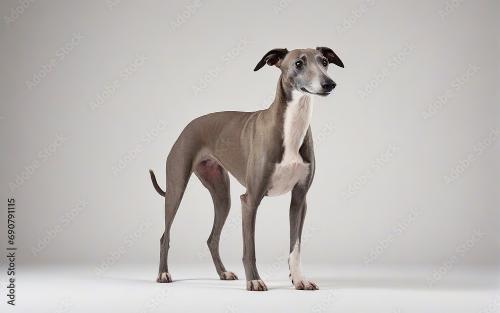 Perro de raza Galgo, de pie, mirando a la derecha, sobre fondo blanco Perro de raza Galgo, de pie, mirando a la derecha, sobre fondo blanco