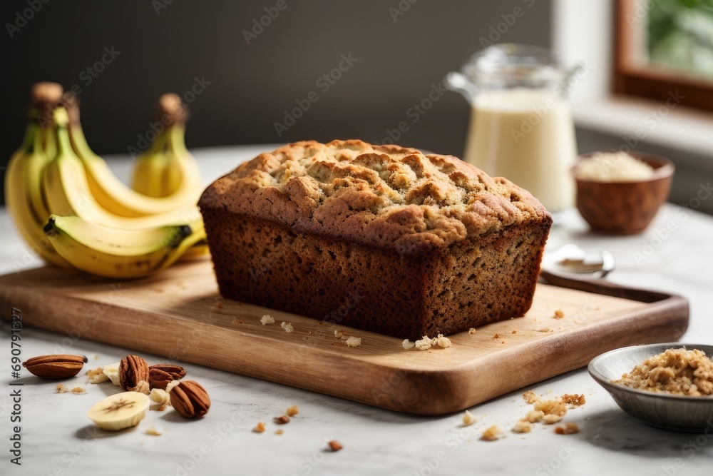 Banana bread on the table on white background, banana cake, banana and muffin, cake with fruits, cake with banana and nuts, cake with nuts, raisins and banana, Banana cake with chocolate