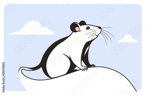 A white and black rat on a background of a light blue sky, vector illustration.