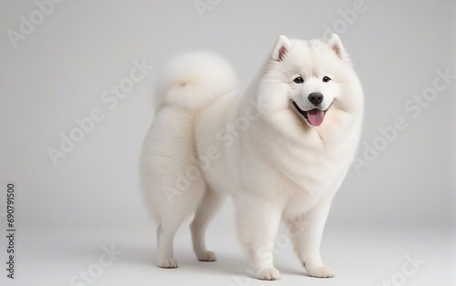 Perro de raza Samoyedo, de pie, sobre fondo blanco