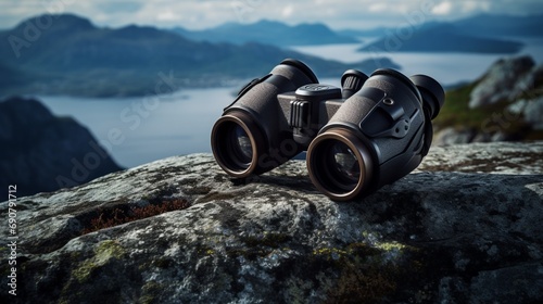 A series of compact, high-performance binoculars placed strategically on a rocky outcrop, offering stunning panoramic views