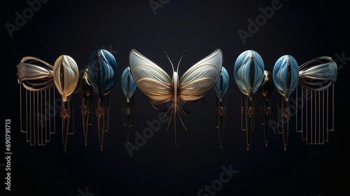 A series of hair clips arranged in a graceful pattern, reflecting subtle hues under studio illumination photo