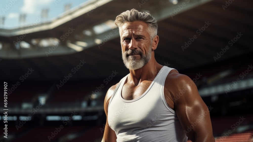 Gray haired man wearing white tank top, stadium background