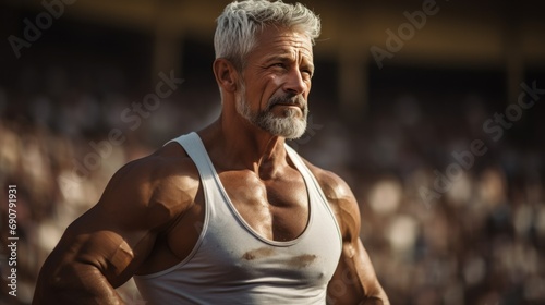 Gray haired man wearing white tank top, stadium background photo
