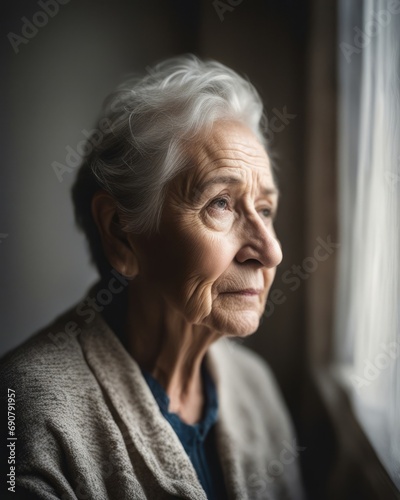 Portrait of an old gray-haired lonely woman looking out the window © Mikalai