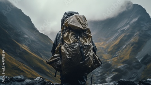 A set of heavy-duty, weather-resistant backpack rain covers draped over rocks, hinting at an impending mountain storm