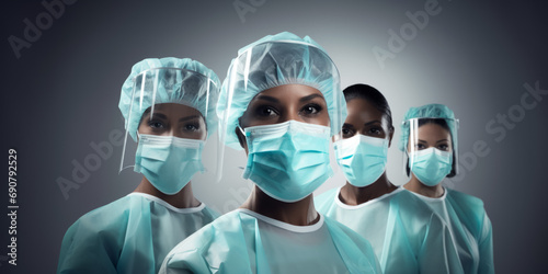 multiethnic medical doctors in masks and medical hats looking at camera, standing in row one by one