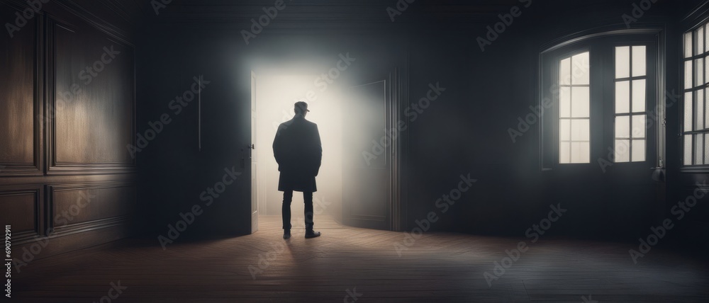 Silhouette of a man against the background of a glowing door entrance in a large empty dark room